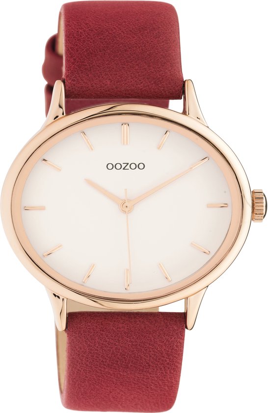 OOZOO Timpieces - rosé goudkleurige horloge met rode leren band - C11053