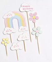 Regenboog Taart Decoratie - Taart Versiering - Happy Birthday - Rainbow Taart Topper - Topper Set -Wolken - Bloemen - Cupcake Toppers - Verjaardag Versiering - Meisje - Kinderfeestje - Regenboog Taartdecoratie - Taarttopper