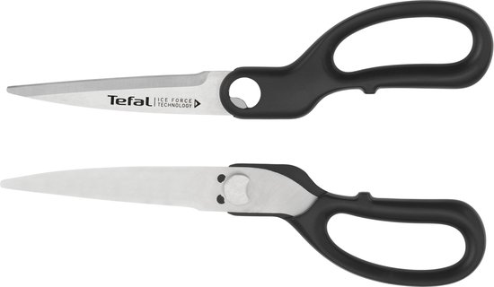 Twee zwarte Tefal keukenscharen met roestvrijstalen bladen en ergonomische handgrepen.