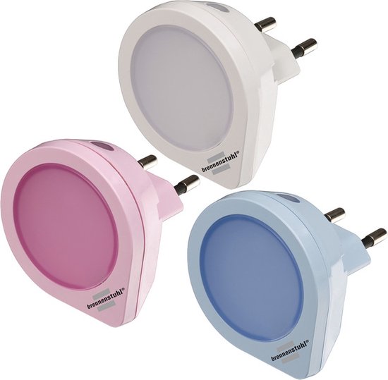 Brennenstuhl LED-nachtlampenset / oriëntatielicht met schemeringssensor en 1 LED (extreem energiebesparend, kleur: 1x wit, 1x roze, 1x blauw)