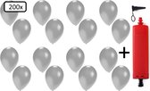 200x Ballonnen zilver + ballonpomp - Ballon carnaval festival feest party verjaardag landen helium lucht thema