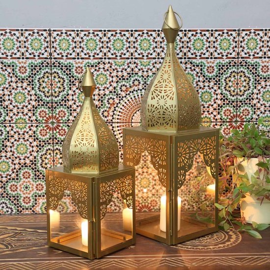 Oosters windlicht Modena Goud Set van 2 minaretten vorm | Marokkaanse glazen lantaarn als uit 1001 nacht