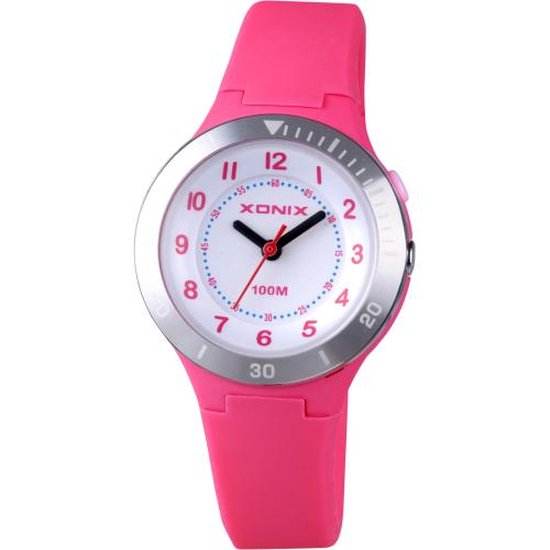 Xonix WU-A04 - Horloge - Analoog - Kinderen - Siliconen band - ABS - Cijfers - Achtergrondverlichting - Waterdicht - 10 ATM - Roze - Zilverkleurig - Wit