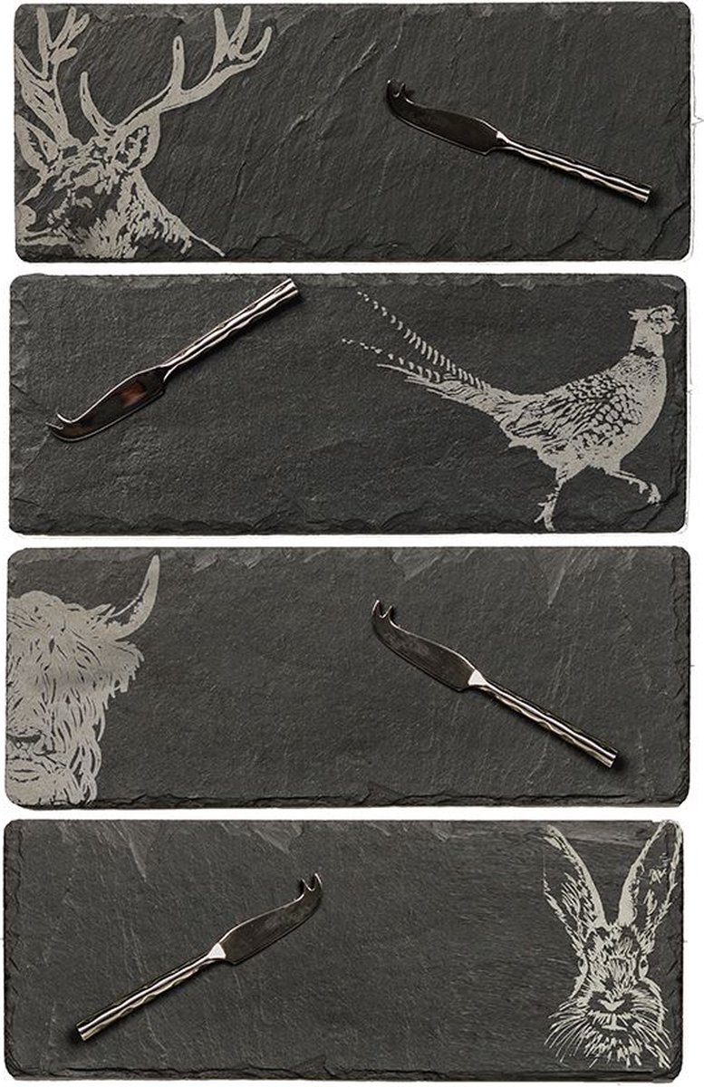 Kaasplankjes Country Animals - 4 stuks met mesjes - Cadeauset - Just Slate Company Scotland