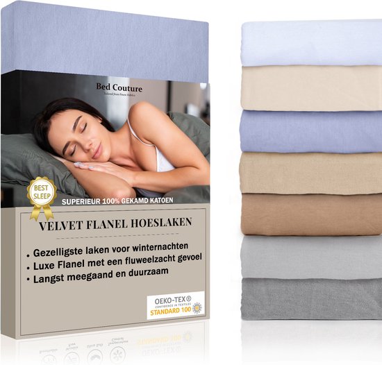 Bed Couture Velvet Flanel Hoeslaken - 100%  Gekamd Katoen - Hoge Hoek 30cm - Eenpersoons 100x200 cm -  Winter Blauw
