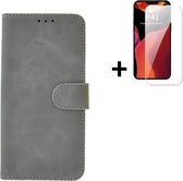 iPhone 14 Plus Hoesje - Bookcase - iPhone 14 Plus Screenprotector - Pu Leder Wallet Book Case Grijs Cover + Screenprotector