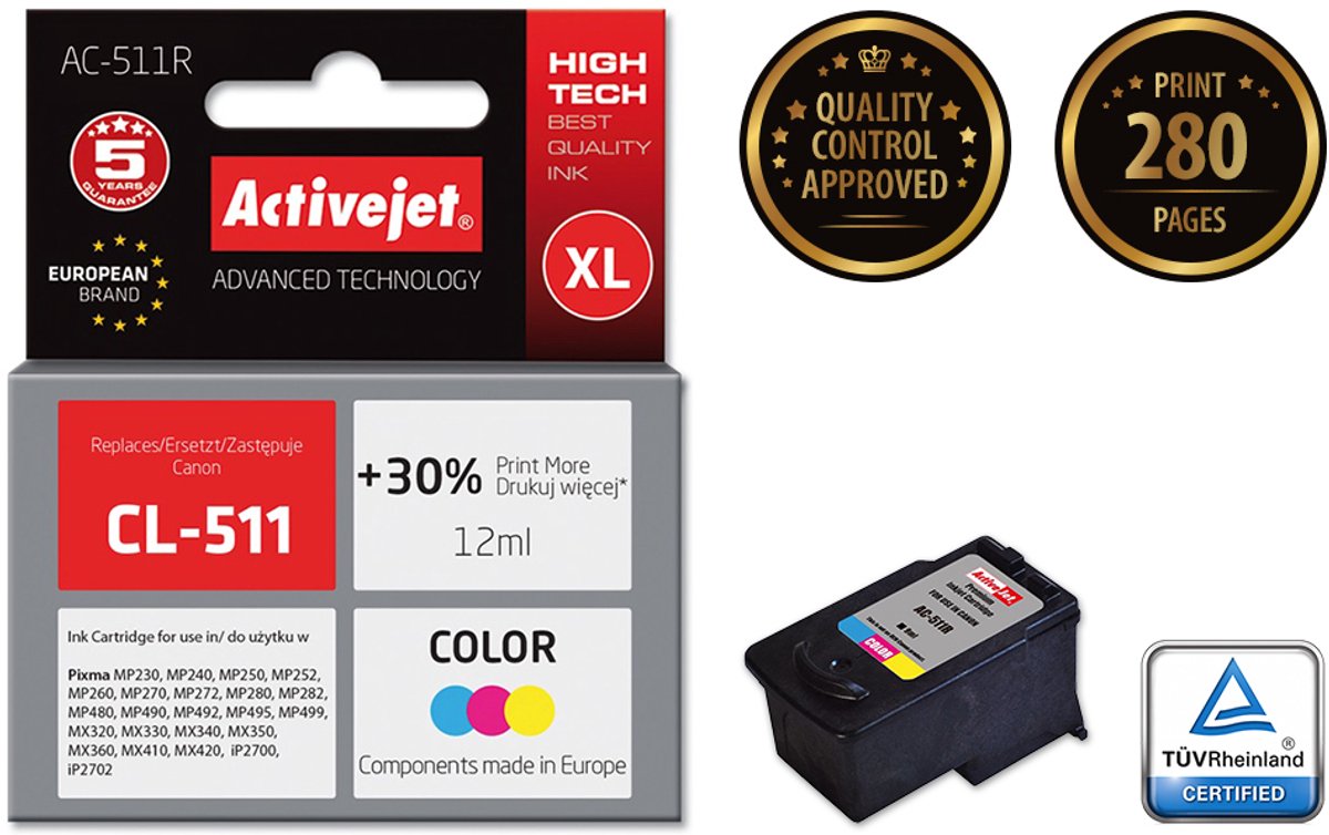 Originele inkt cartridge Activejet AC-511R Cyaan/Magenta/Geel