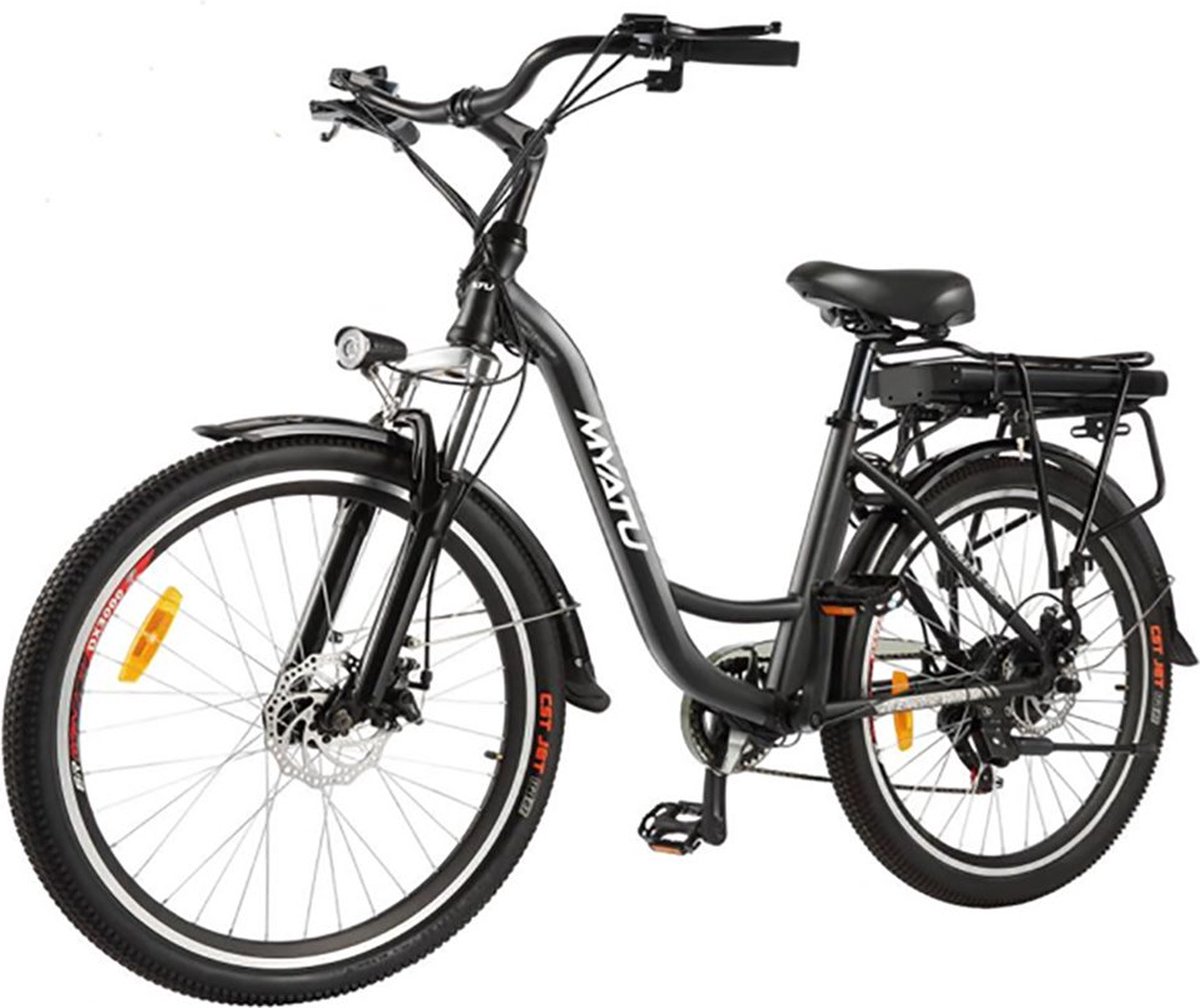Myatu E-Bike voor en Lage Instap met 45 cm Aluminium Frame 6 versnellingen 250 Wh Afneembare Lithium Batterij 40-80 km Range Trekking Ebike met 1.95 x 26 Inch Wiel (Zwart Urban)