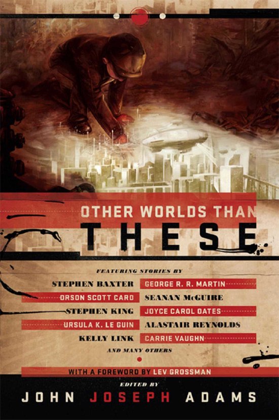 Boekomslag van 'Other Worlds Than These', met een man die bukt in een futuristische stad met een vliegende schotel.