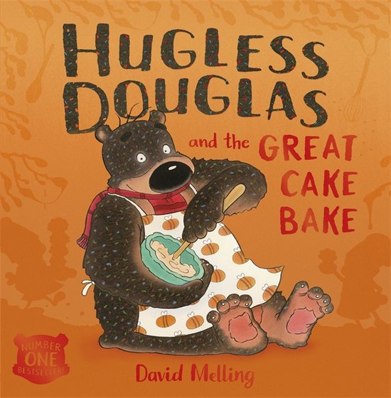 Boekcover: Bruine beer Douglas met schort met stippen, mengt beslag in kom. Titel: Hugless Douglas and the Great Cake Bake.