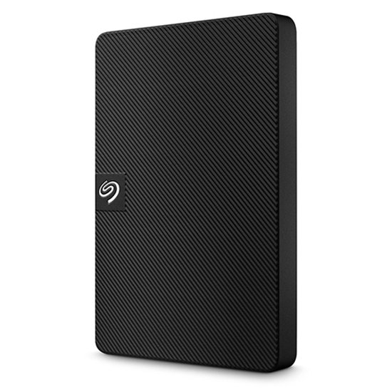 Zwarte Seagate externe harde schijf met ribbelpatroon en logo.
