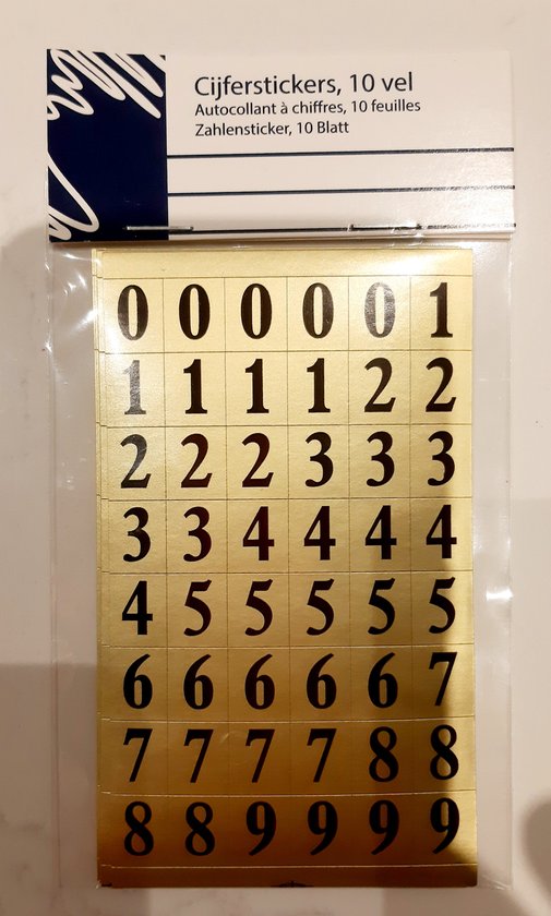 Cijfers stickers - goud met zwart - 10 vel - cijfer getallen sticker - 1 cm - nummers - stickervellen - vellen