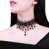 Plux Fashion Bloem Steen Choker - Zwart - 4cm/34cm + 7cm hangstuk - Sieraden - Stras Stenen - Fancy Choker - Choker - Stoffen Choker - HipHop Choker - Sieraden Cadeau - Duurzame Kwaliteit - Halloween - Oktoberfeest - Kerst - Halloween kostuum