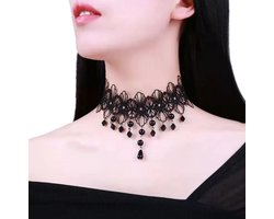 Plux Fashion Bloem Steen Choker - Zwart - 4cm/34cm + 7cm hangstuk - Sieraden - Stras Stenen - Fancy Choker - Choker - Stoffen Choker - HipHop Choker - Sieraden Cadeau - Duurzame Kwaliteit - Halloween - Oktoberfeest - Kerst - Halloween kostuum