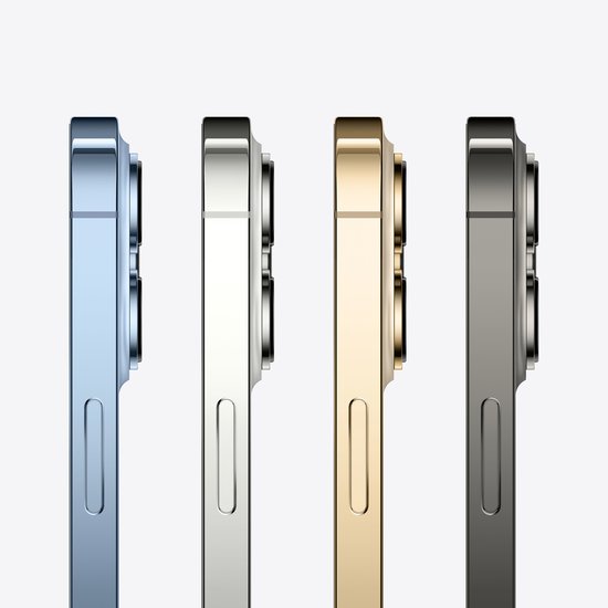 Zijkanten van vier iPhones: hemelsblauw, zilver, goud en grafiet.