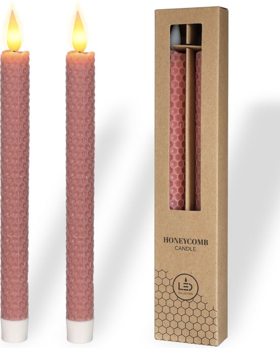 Comforder 2 LED kaarsen Honingraat met Flikkerende Vlam - Lange Elektrische Dinerkaarsen op Batterijen met Timer - 25cm Mauve