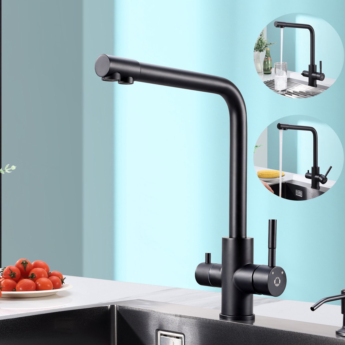 CECIPA max keukenkraan Zwart - 3-in-1 Drinkwaterkraan - 360° draaibare 3-wege mengkraan - 