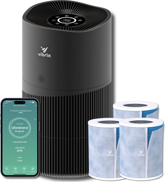 Foto: Vibrix pureflow70 pro luchtreiniger 2 extra filter 70 m automatische stand 6 in 1 filtersysteem luchtkwaliteitsindicator ionisator luchtfilter air purifier met hepa filter