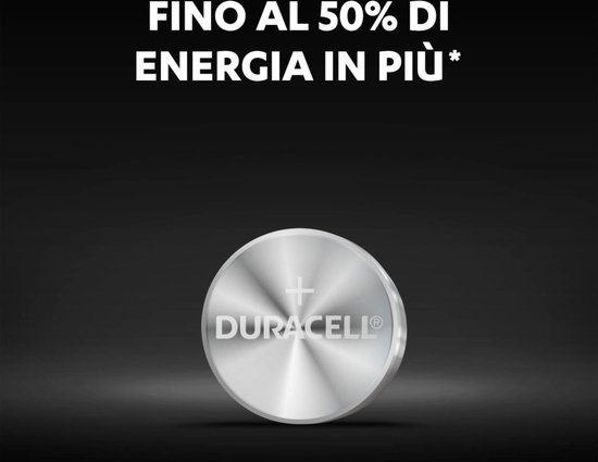 Duracell LR44 batterij op donkere achtergrond, met tekst 'Fino al 50% di energia in più'.