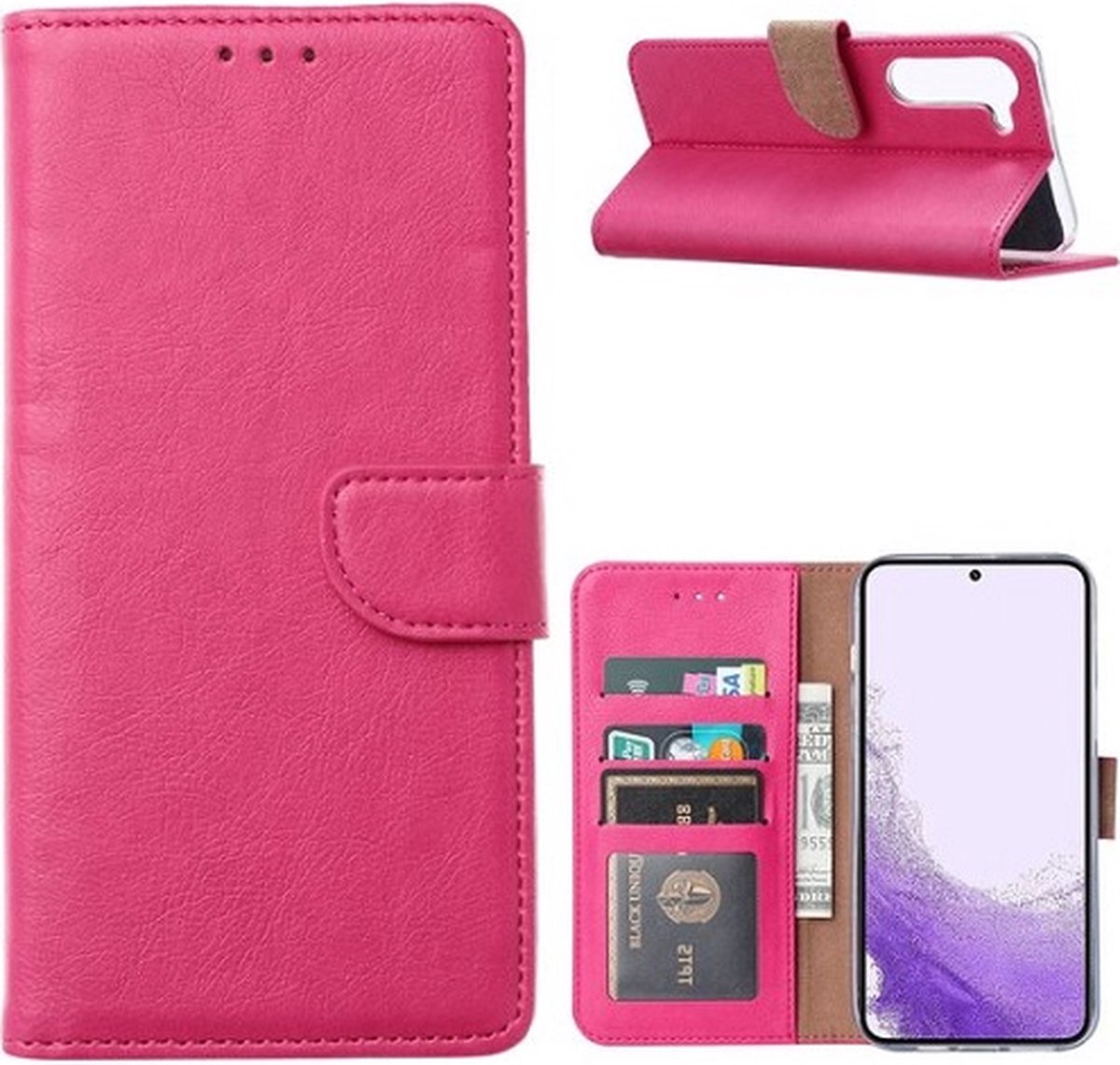 Samsung S23 Hoesje Met Pasjeshouder Bookcase Roze