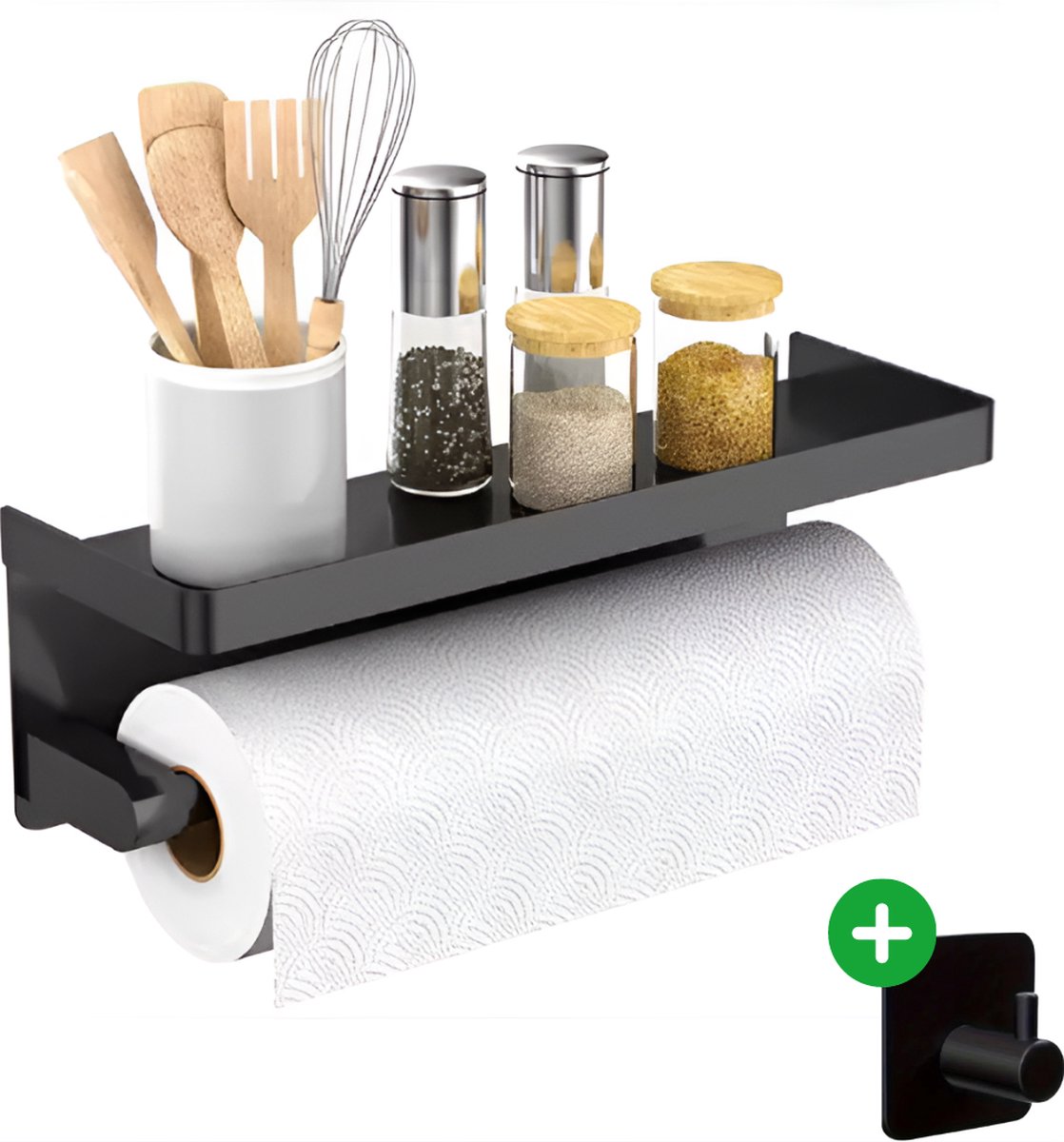 Quinor Keukenrolhouder hangend met plankje – zelfklevend – zonder boren – kruiden organizer t Wandplank rollenhouder + gratis handdoekhaakje