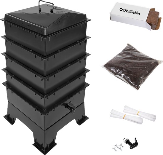 Wormenhotel 64L - Billiebin 4 laags starter kit (zwart) - Incl. filter/kweekgrond/bedding/instructieboekje > Excl. wormen - 100% gerecycled voedselveilig kunststof wormenbak - Wormentoren compostbak met opvangbak en tapkraantje | Billiebin