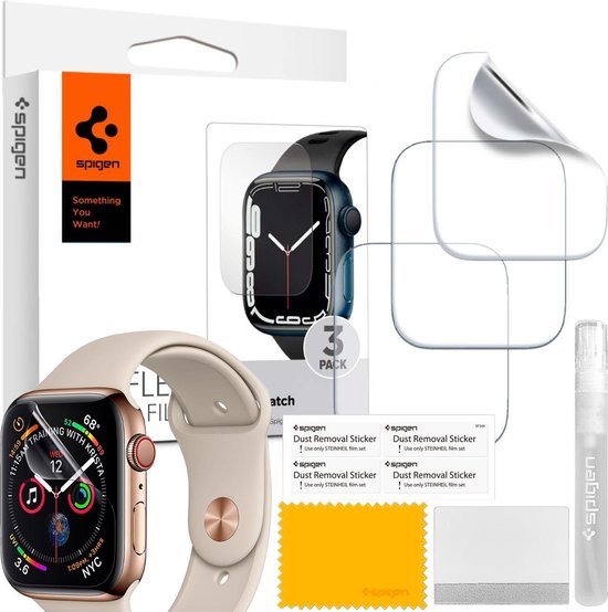 Verpakking en inhoud van Spigen Neo Flex schermbeschermers voor Apple Watch: 3 folies, stickers, doekje en spray.