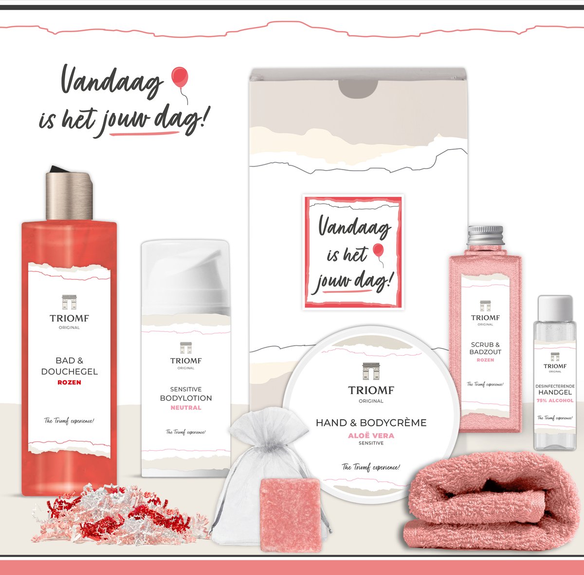 Goedkoopste Geschenkset “Vandaag is het jouw dag!” - 7 producten - 850 gram | Triomf Original - Giftset voor haar - Bedankt Cadeau Pakket Vrouw - Geschenk Luxe wellness cadeaubox - Cadeaupakket Verjaardag - Feestje - Geslaagd - Jubileum - Gift Set Party - Roze