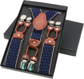 Sorprese - Luxe Chique Bretels - Donkerblauw Diamond Design - Midden Bruin Leer - 6 Stevige Clips - Bretels Heren Volwassenen