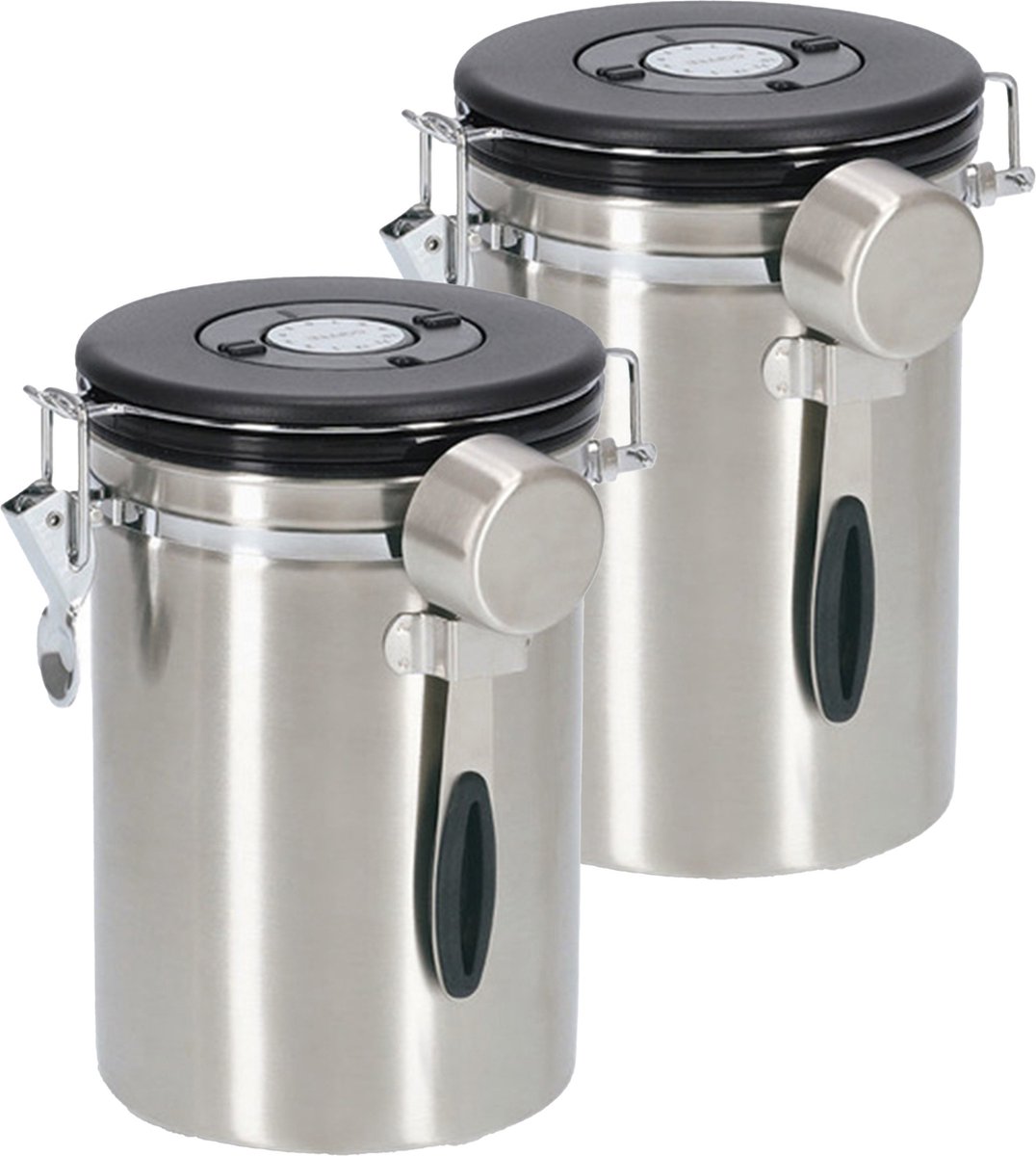 Zeller Koffie bewaarblik met lepel 2x RVS kunststof zwart clipsluiting luchtdicht 2700 ml