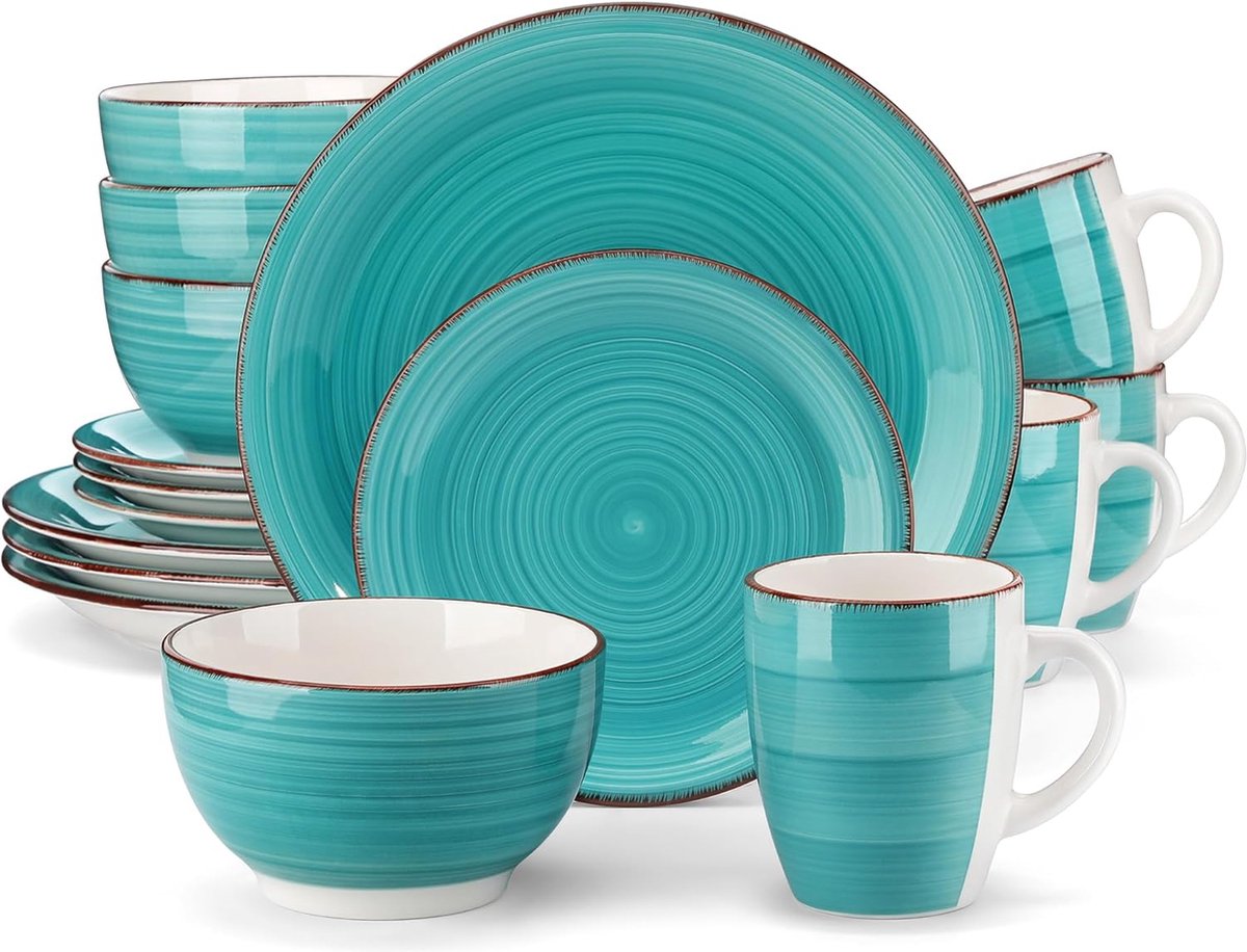 Luxe Serviesset – 16 delig – 4 persoons – Porselein - Bordenset – Dinner platen – Dessertborden - Kommen - Mokken - Bella Blauw