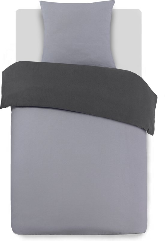 Housse de Couette Vision Flanelle - Réversible Gris Foncé/Gris - Housse de couette 140 x 200 cm avec 1 taie d'oreiller assortie - Flanelle 100% coton