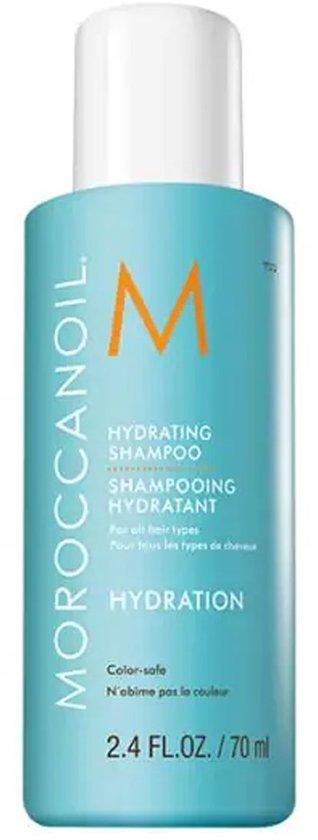 Turquoise fles Moroccanoil Hydrating Shampoo, 70 ml. Voor alle haartypes.