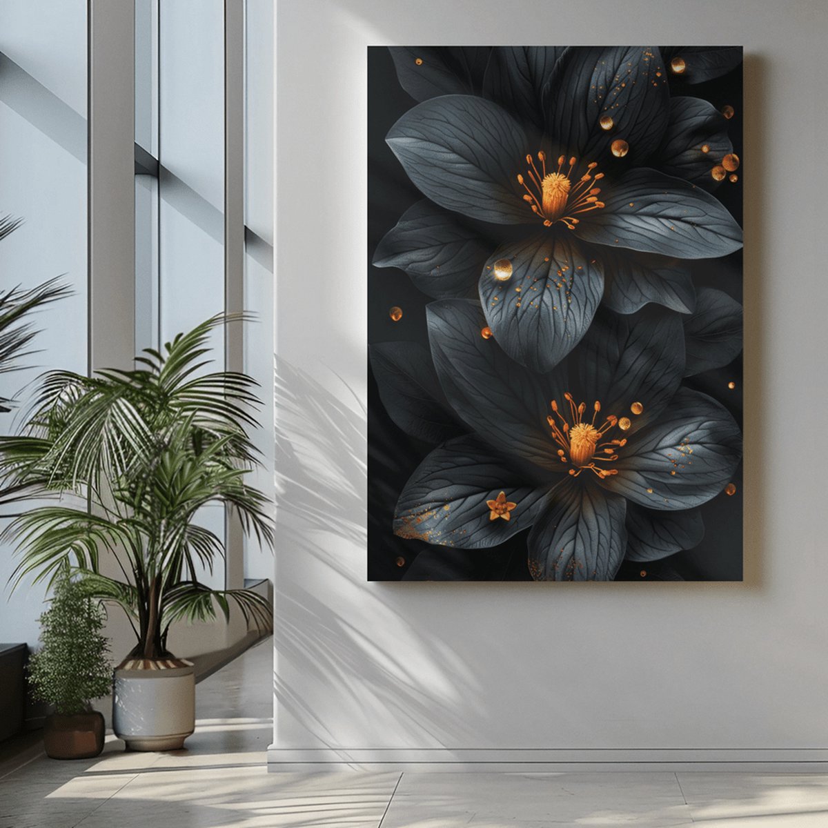 Trendex Global Canvas Schilderij - Bloemen - Zwart - Wanddecoratie - 90x60x2 cm