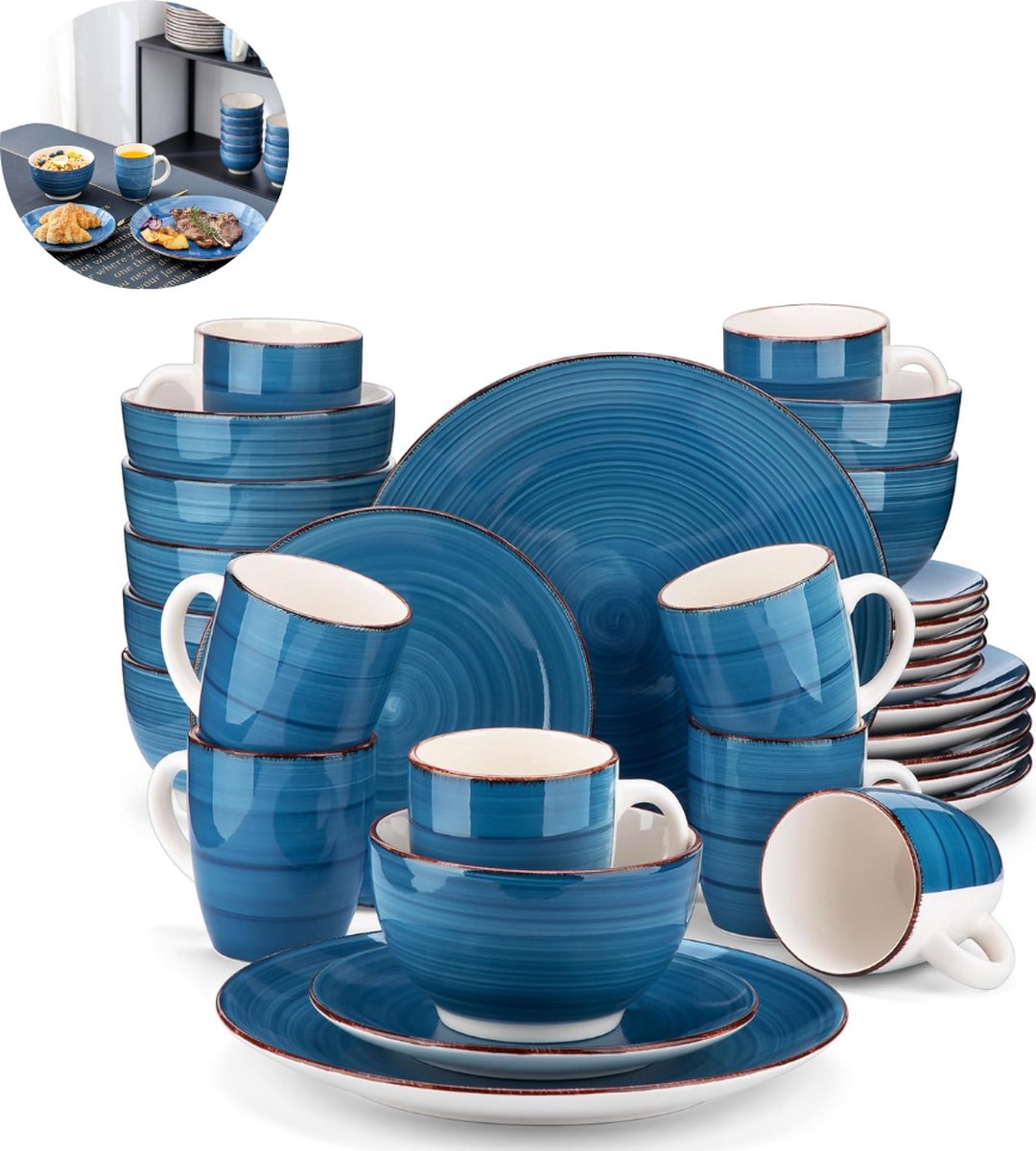 LBB Luxe Serviesset – 32 delig – 8 persoons – Porselein Bordenset – Dinner platen – Dessertborden Kommen Mokken Blauw