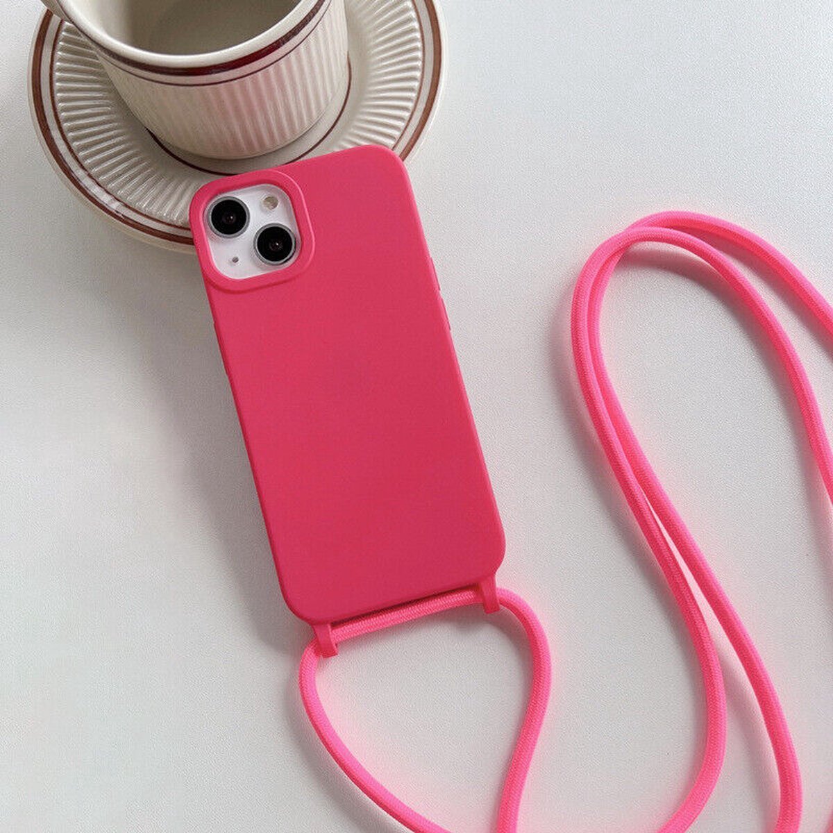 Case with cord - Suitable for iPhone 12 Pro Silicone case with cord - Back cover with cord - Cord Case - Neon Pink