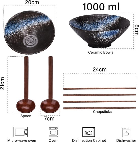 Mapille 2 sets Japanse ramenkommen, 2 x 1000 ml raampom van keramiek met stokjes en lepel, slakommen, soepkommen voor salade, fruit, groenten, pasta, muesli, soep (D