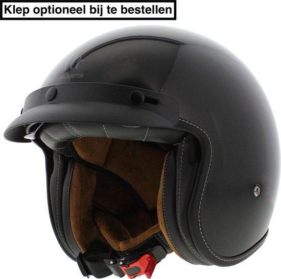 Zwarte glanzende helm met een klep, bruine voering en stiksels. Het MT Helmets logo is zichtbaar.