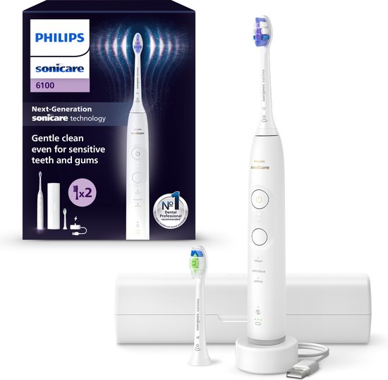 Philips Sonicare 6100 Series - Elektrische tandenborstel - Wit -Extra Optimal White Opzetborstel - Reisetui - Gevoelige tanden- HX7410/02