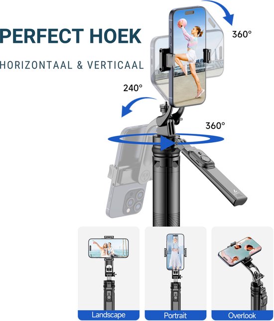 Romon Selfiestick, 180 cm, selfiestick, quad tripod, uittrekbaar, 360 graden draaibaar, compatibel met Android-telefoon, camera