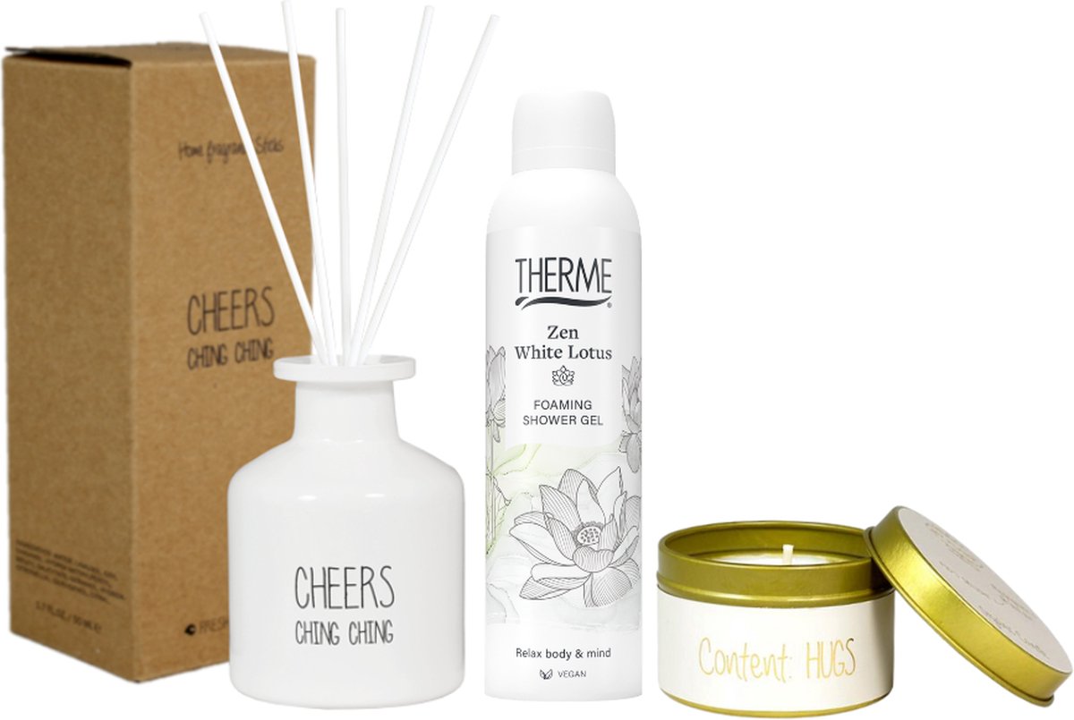 Goedkoopste My Flame Cadeauset Cheers Geurstokjes & Therme Zen White Lotus - MyFlame Geurstokjes Cheers - Therme Shower Foam Zen White Lotus - MyFlame Kaarsje Content Hugs