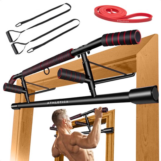 Foto: Athleticx pull up bar optrekstang deur inklapbaar zwart met rood krachttraining thuis sporten pull up bar deur optrekstangen parallettes dip station pull up station dip bars thuis gym pull up bar deurpost