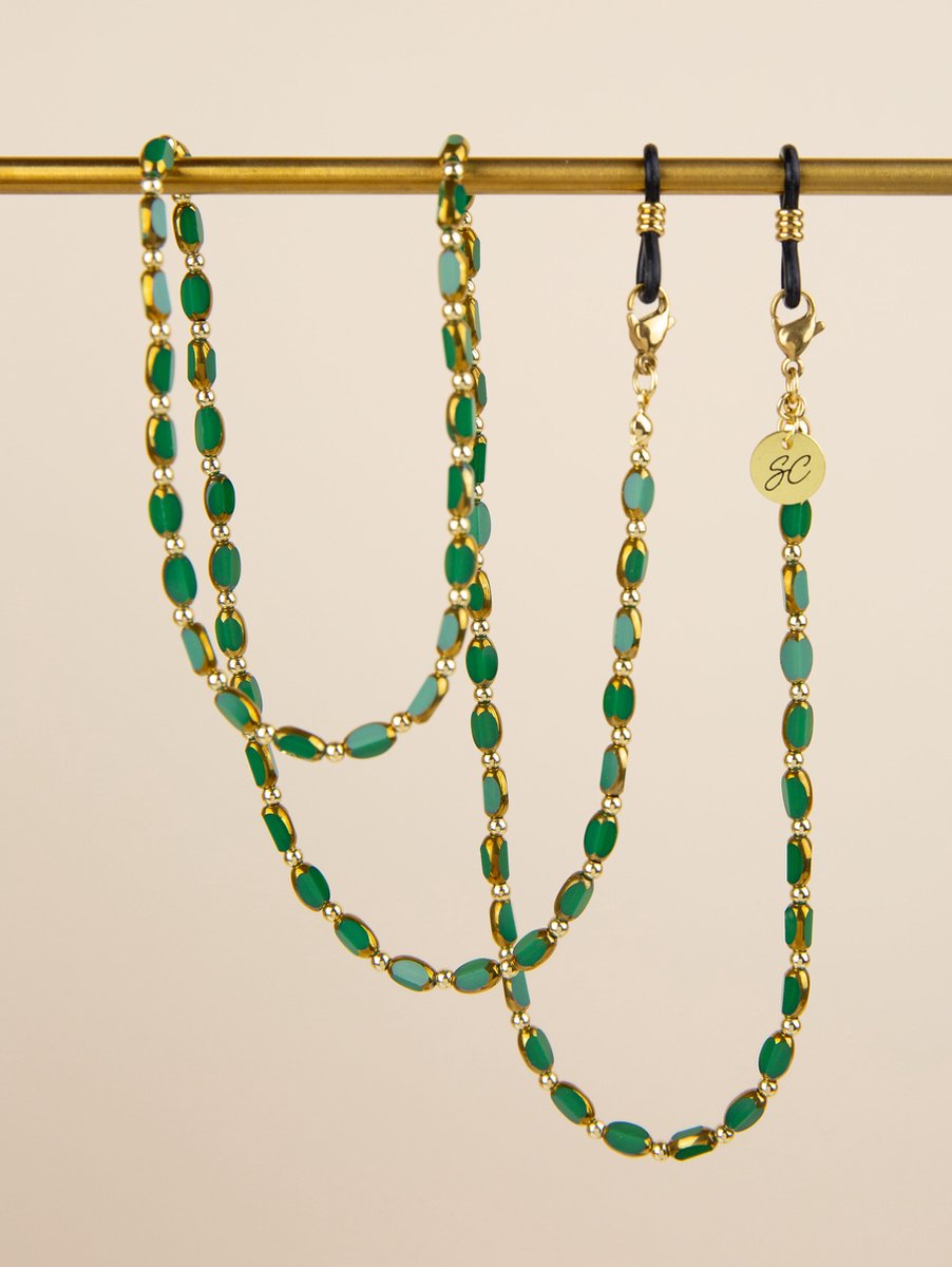 Zonnebril koord - doorzichtige luxe groen/gouden kralen - brillenkoord | Sunny Cords