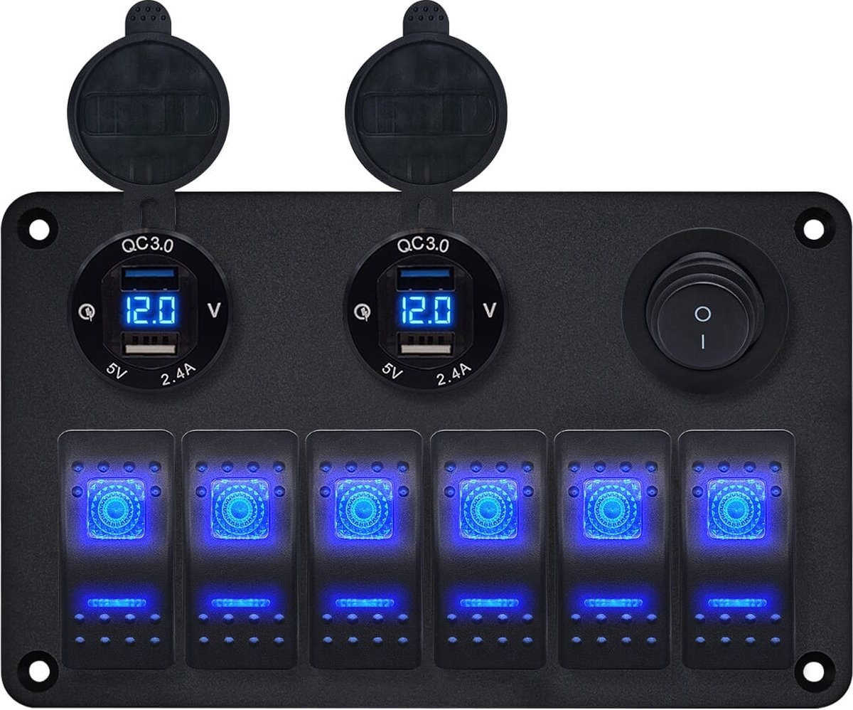 ProRide Schakelpaneel 12V voor Auto/Boot - USB Lader 4 Poorten met Schakelaar - 5V/2.4A - DS2114B - 6 Schakelaars