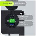 Detail van een USB-poort met voltage display (12.0V) en de tekst 'ON-OFF' en 'QC 3.0'.