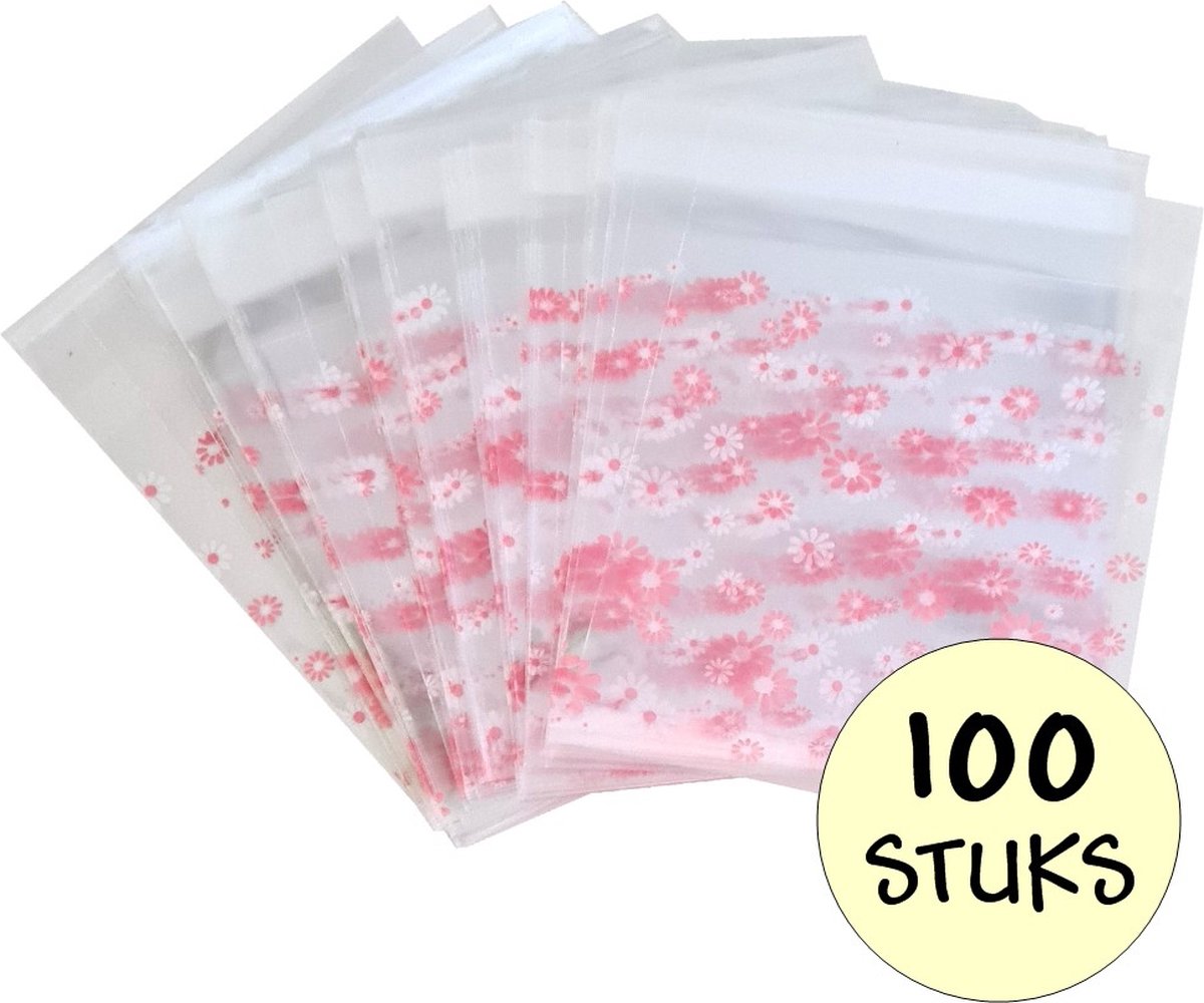 100x Cellofaan Zakjes - 100x Uitdeelzakjes - Cellofaan Plastic Traktatie Kado Zakjes - Snoepzakjes - Bloemetjes Wit/Roze - 10x10cm