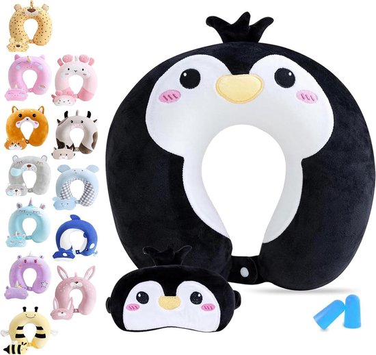 Foto: Schattig geheugenschuim u vormige hals kussen met slaapmasker dieren zacht speelgoed pluche hoofdsteun nek ondersteuning voor kinderen reis vliegtuig auto bus gift pingu n 