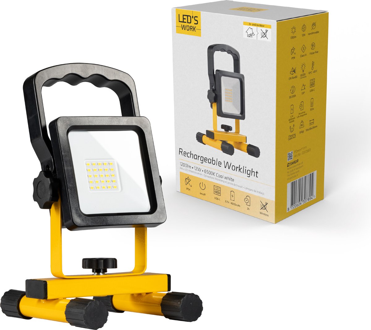 LED's Work draadloze LED Bouwlamp op accu 1200 - Oplaadbaar en kantelbaar - Zwart geel - Bouwlampen - Bouw lamp