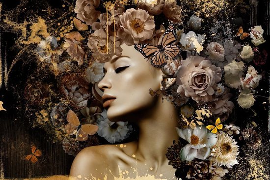 Een vrouw met haar ogen gesloten, omringd door een weelderige krans van bruine en witte bloemen en vlinders.