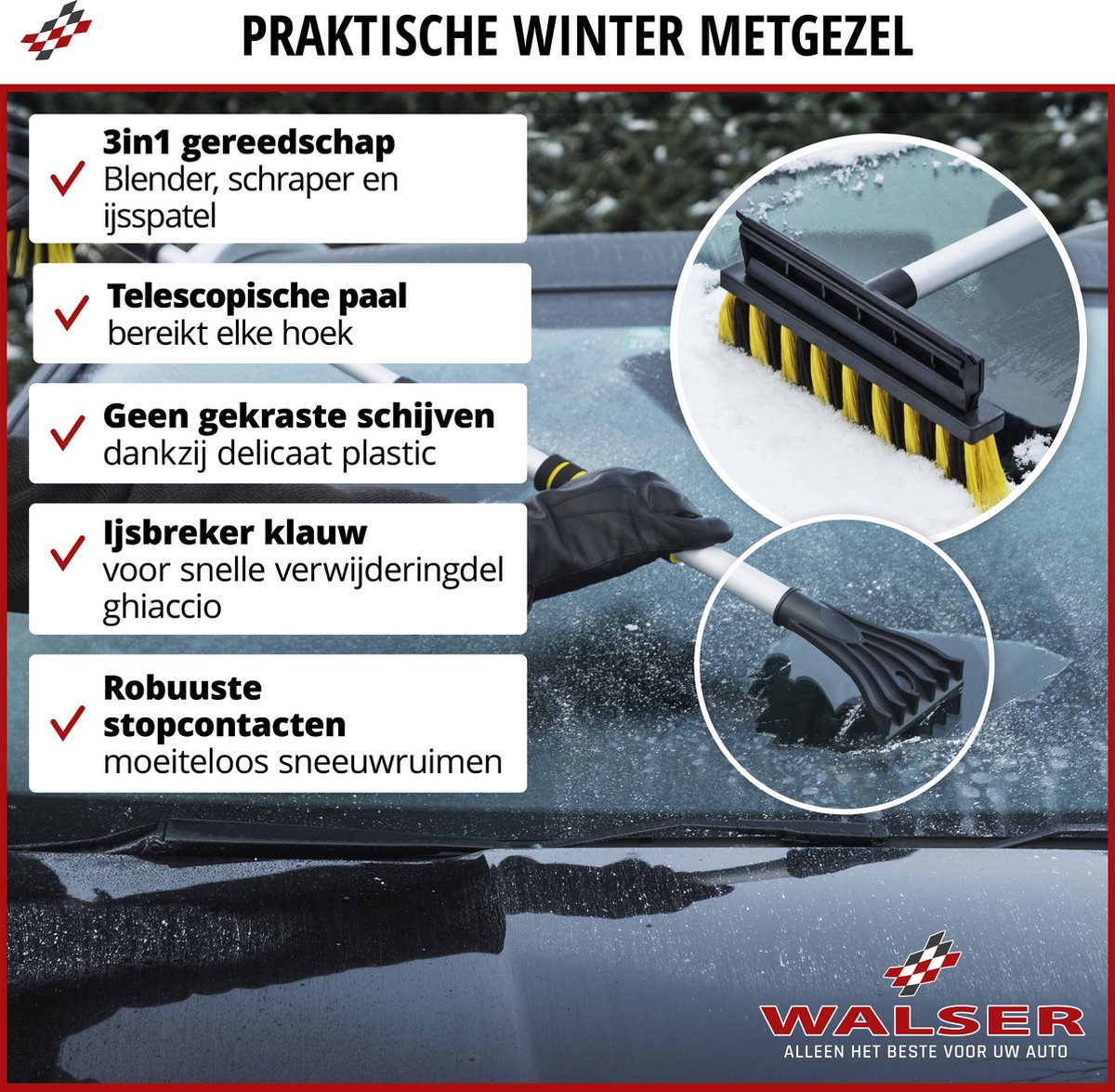 Walser Sneeuwborstel 3in1 met ijskrabber en rubberen lip - robuuste ijskrabber - sneeuwbezem met telescopische stee 60-90cm